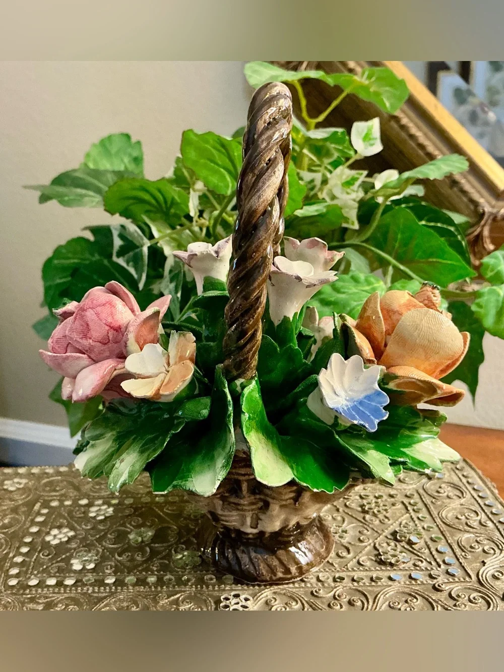 Lovely Vintage Capodimonte Porcelain Floral Basket Made in Italy